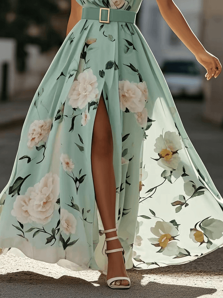 Aurora | light green floral ruched one shoulder a line maxi chiffon dress