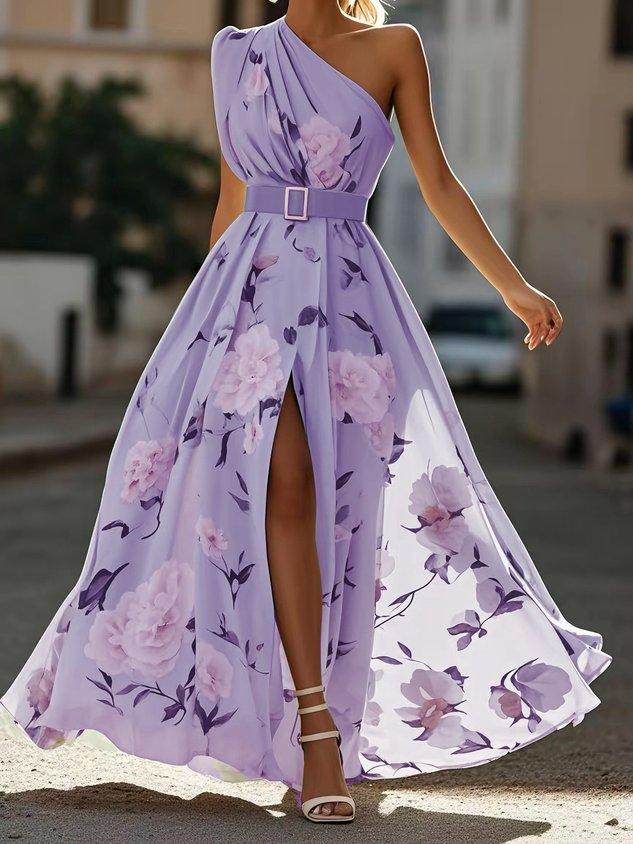 Aurora | light green floral ruched one shoulder a line maxi chiffon dress