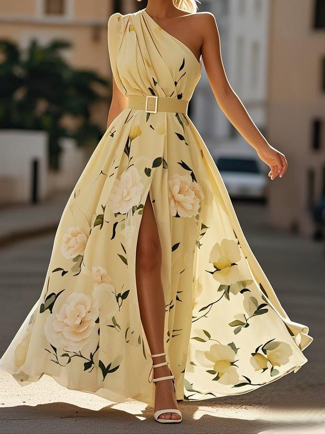 Aurora | light green floral ruched one shoulder a line maxi chiffon dress