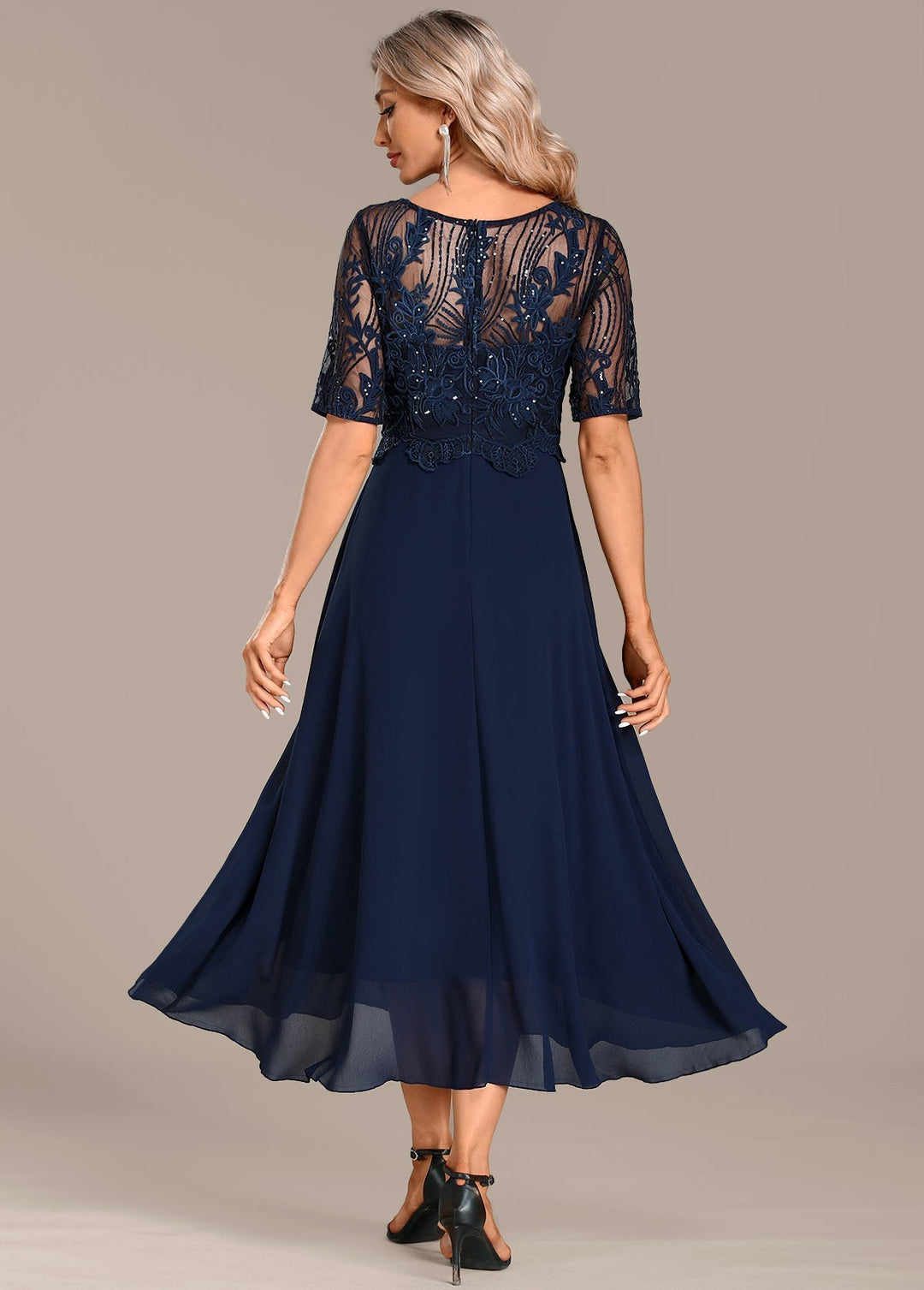 Madeline | Navy Lace Short Sleeve Round Neck Dress