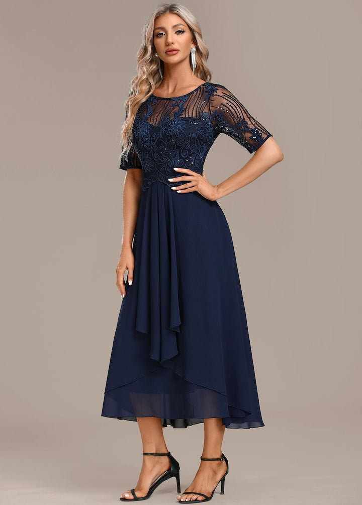 Madeline | Navy Lace Short Sleeve Round Neck Dress