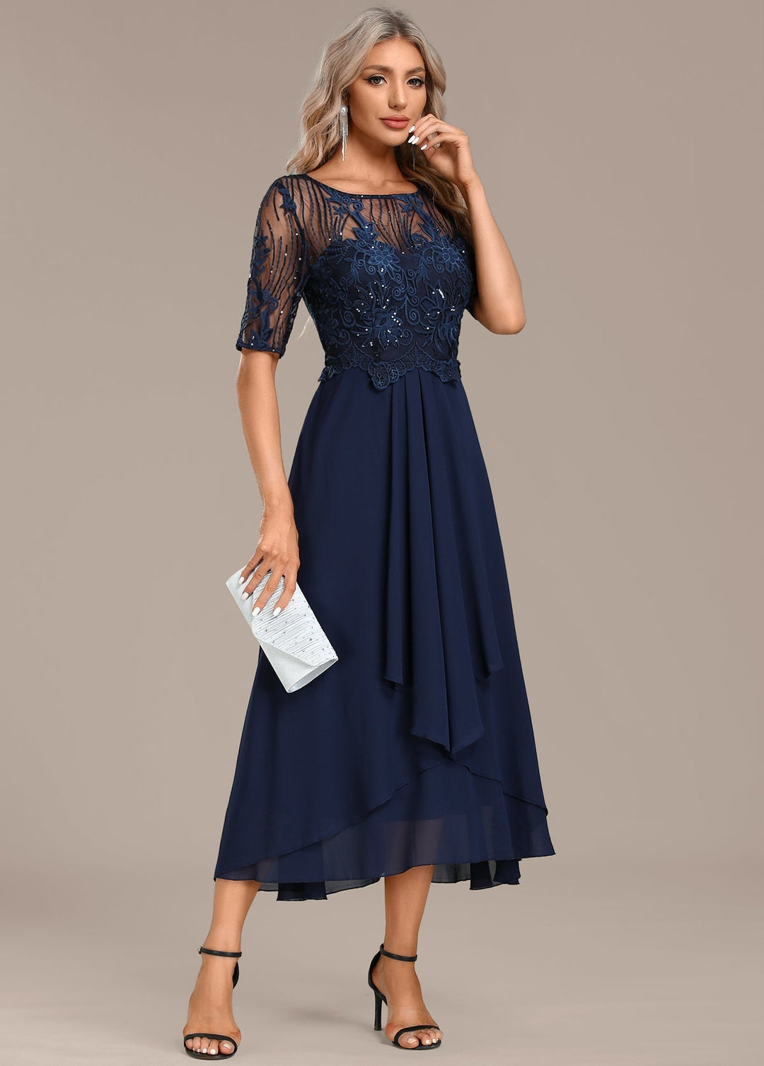 Madeline | Navy Lace Short Sleeve Round Neck Dress