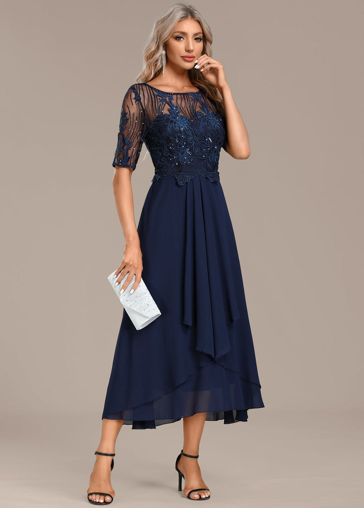 Madeline | Navy Lace Short Sleeve Round Neck Dress