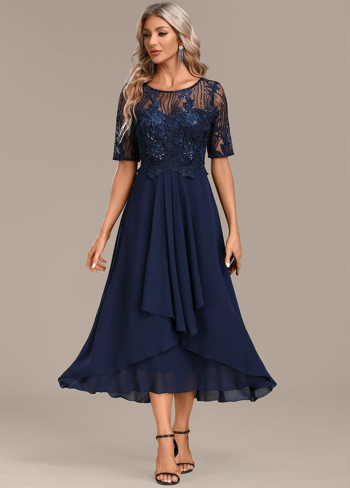 Madeline | Navy Lace Short Sleeve Round Neck Dress
