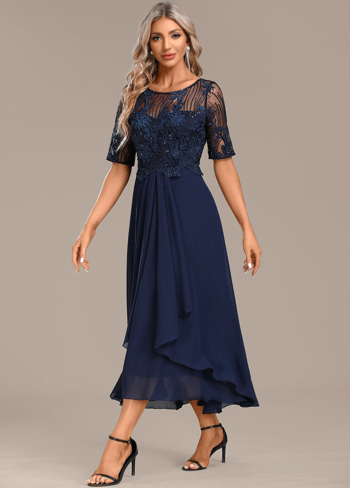 Madeline | Navy Lace Short Sleeve Round Neck Dress