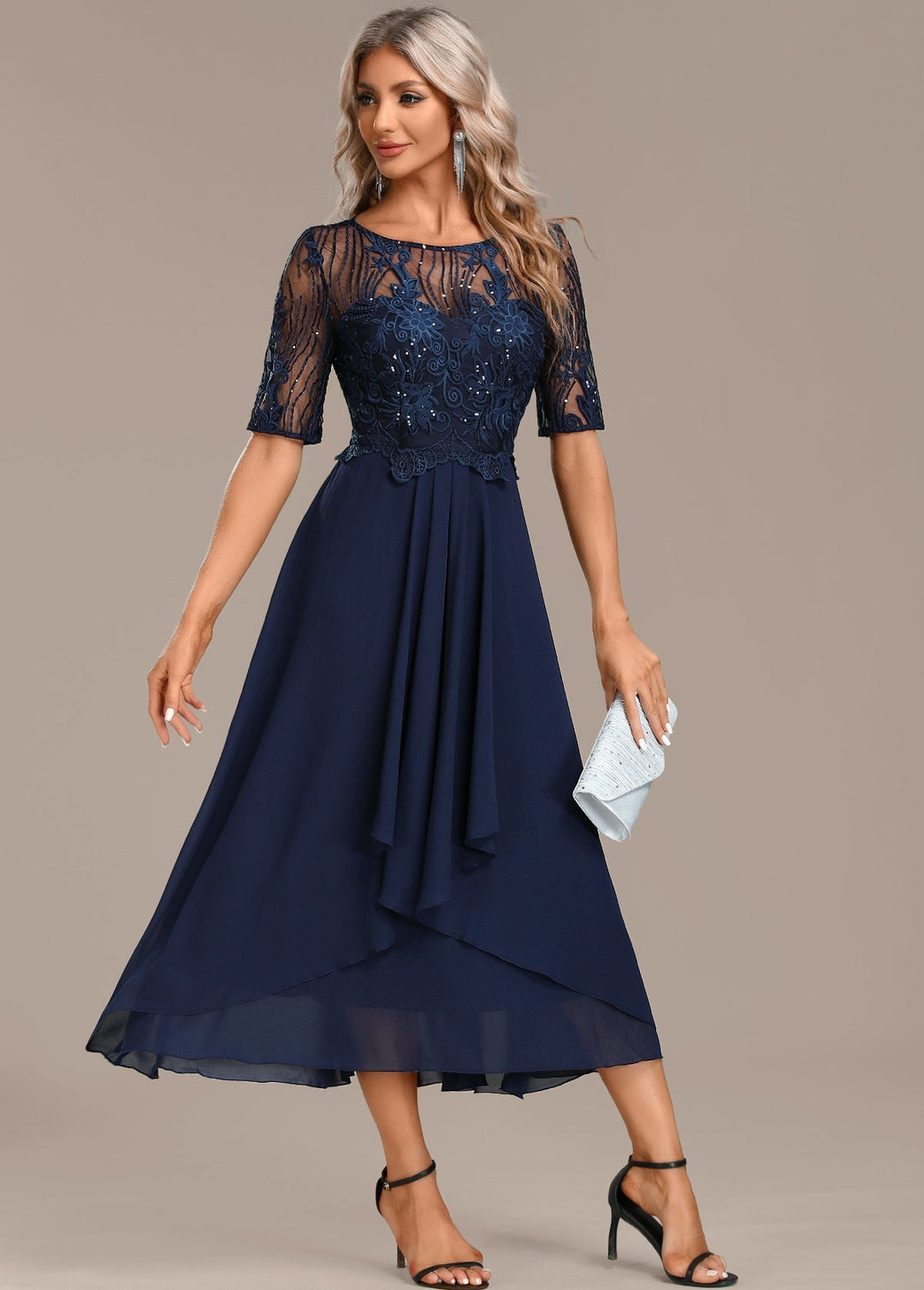 Madeline | Navy Lace Short Sleeve Round Neck Dress