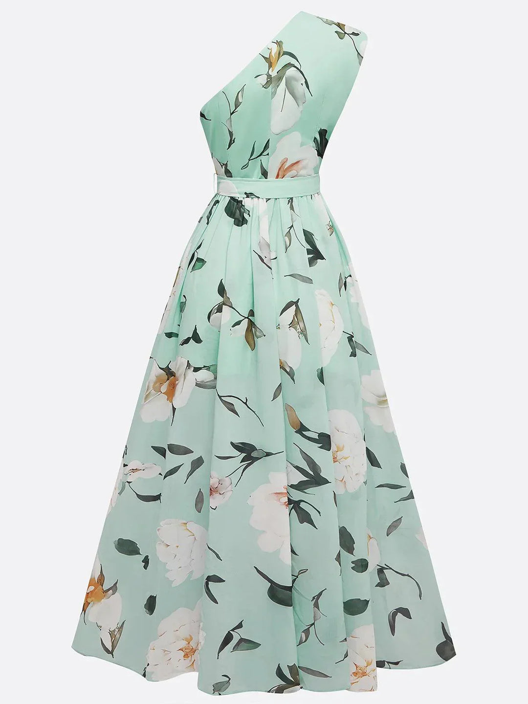 Aurora | light green floral ruched one shoulder a line maxi chiffon dress