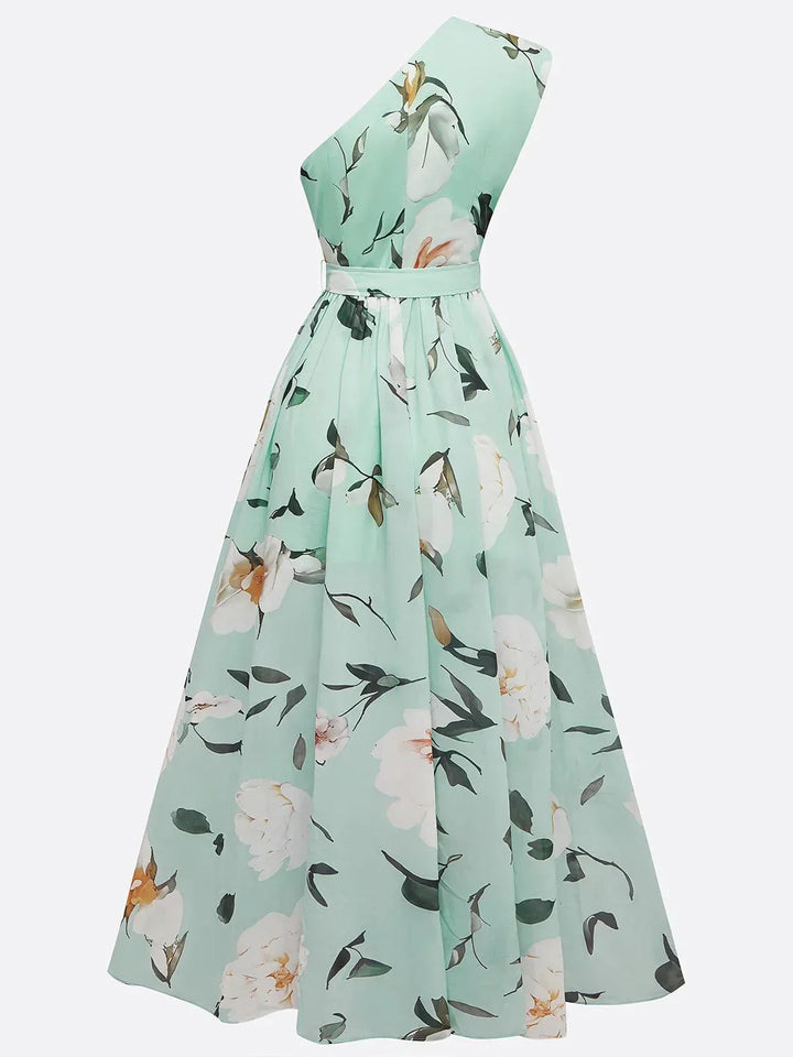 Aurora | light green floral ruched one shoulder a line maxi chiffon dress