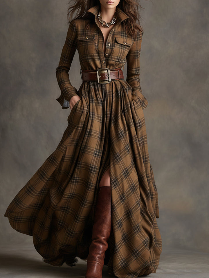 Margaret | Plaid Long-Sleeve Maxi Dress