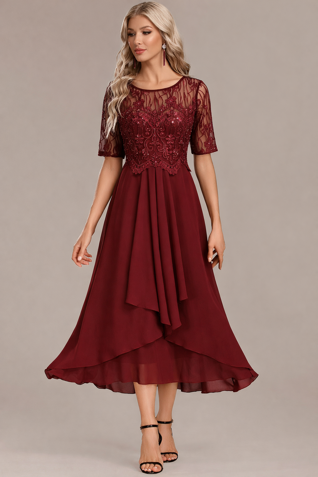 Madeline | Navy Lace Short Sleeve Round Neck Dress