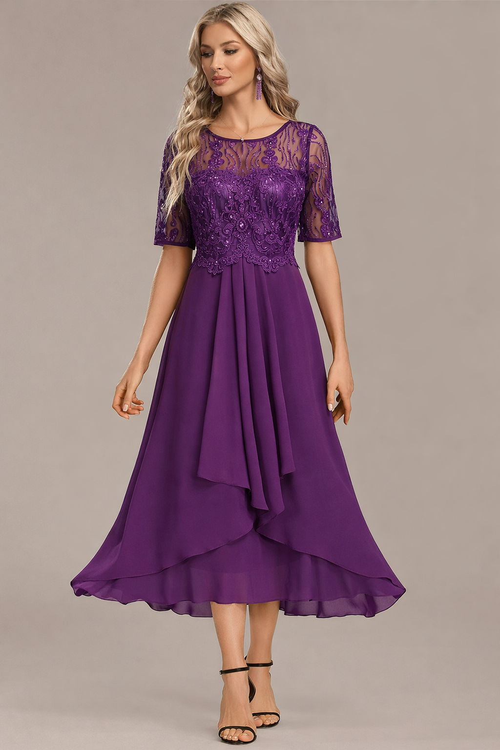 Madeline | Navy Lace Short Sleeve Round Neck Dress