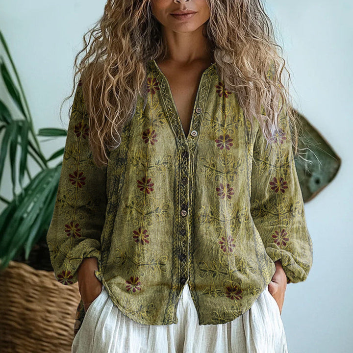 Miranda | Elegant Vintage Leaf Print Shirt