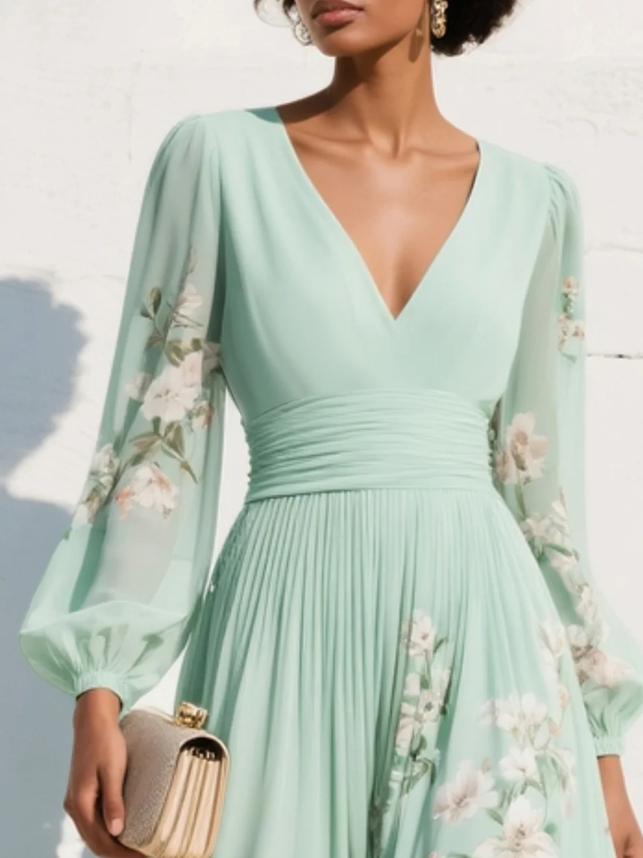 Shay | Light Green V-Neck Chiffon Pleated Floral Midi Dress