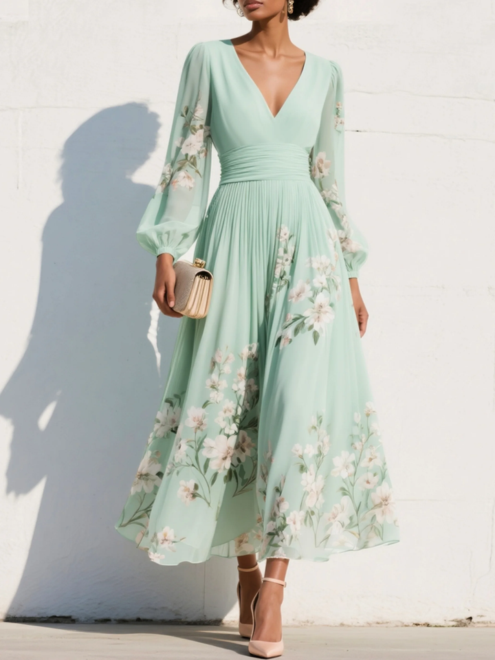 Shay | Light Green V-Neck Chiffon Pleated Floral Midi Dress