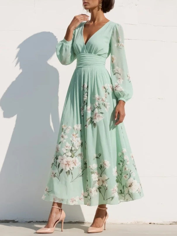 Shay | Light Green V-Neck Chiffon Pleated Floral Midi Dress