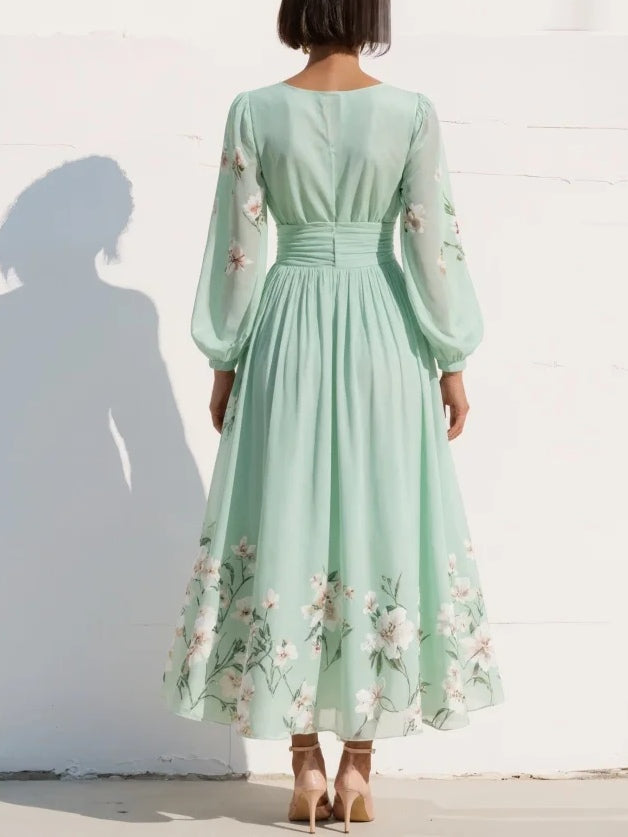 Shay | Light Green V-Neck Chiffon Pleated Floral Midi Dress
