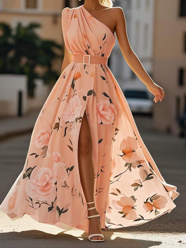 Aurora | light green floral ruched one shoulder a line maxi chiffon dress