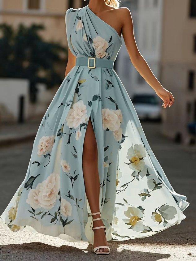 Aurora | light green floral ruched one shoulder a line maxi chiffon dress