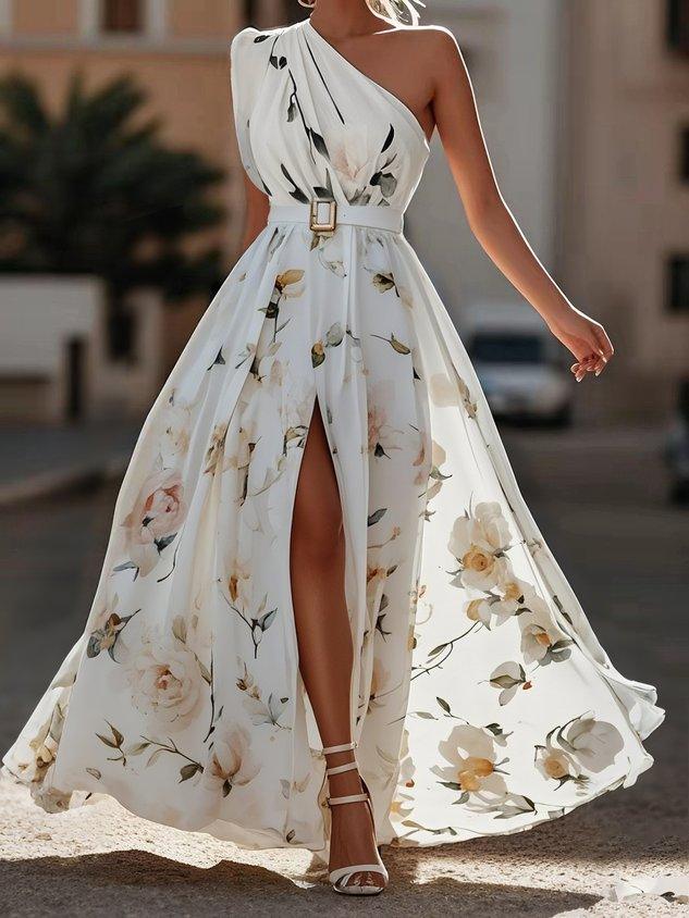 Aurora | light green floral ruched one shoulder a line maxi chiffon dress