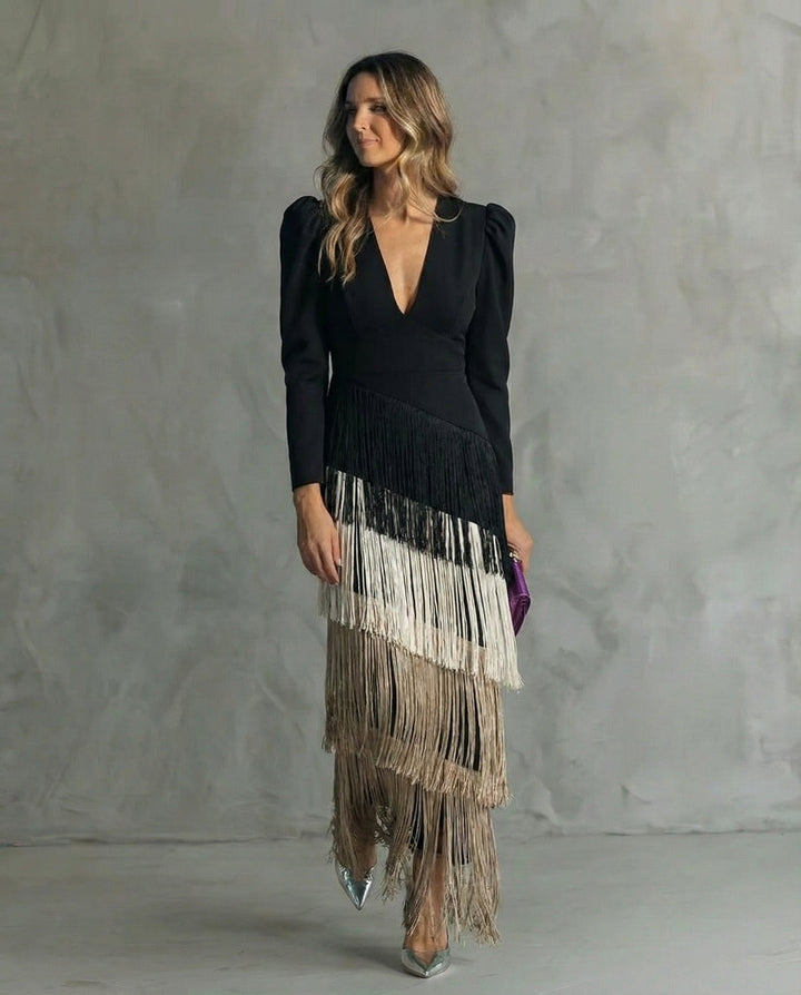 Lana™ | Elegant midi dress with fringe sleeves