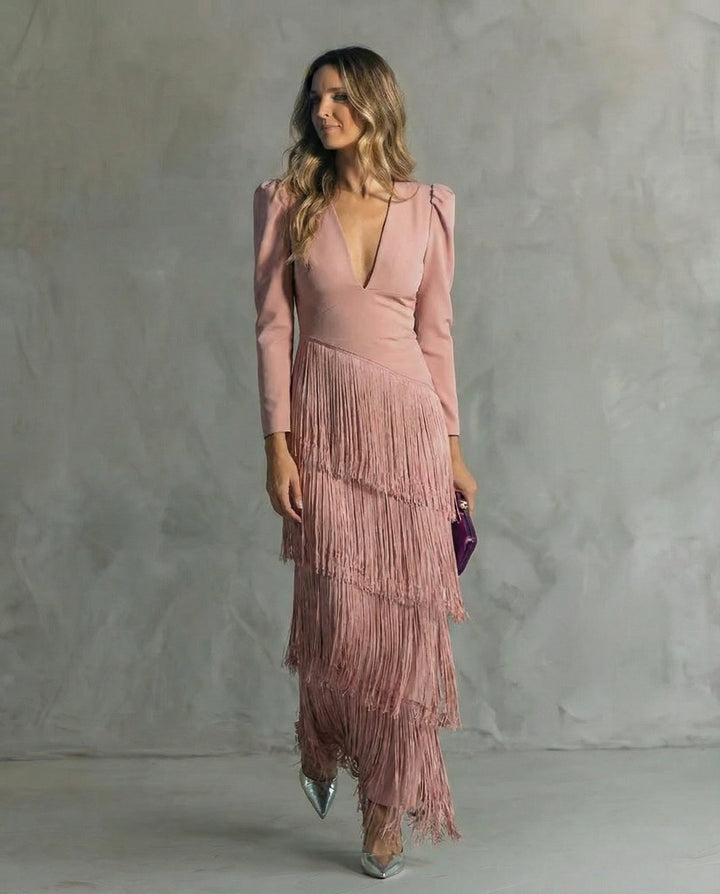 Lana™ | Elegant midi dress with fringe sleeves