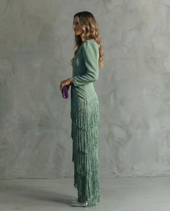Lana™ | Elegant midi dress with fringe sleeves