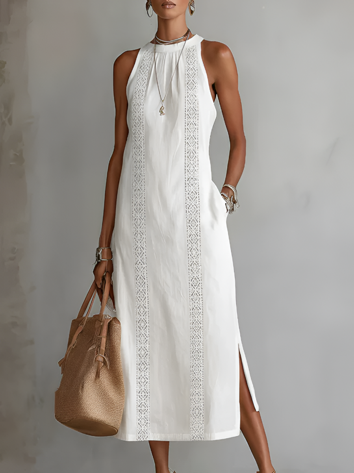 Florence | Cotton Linen Midi Dress With a Mandarin Collar