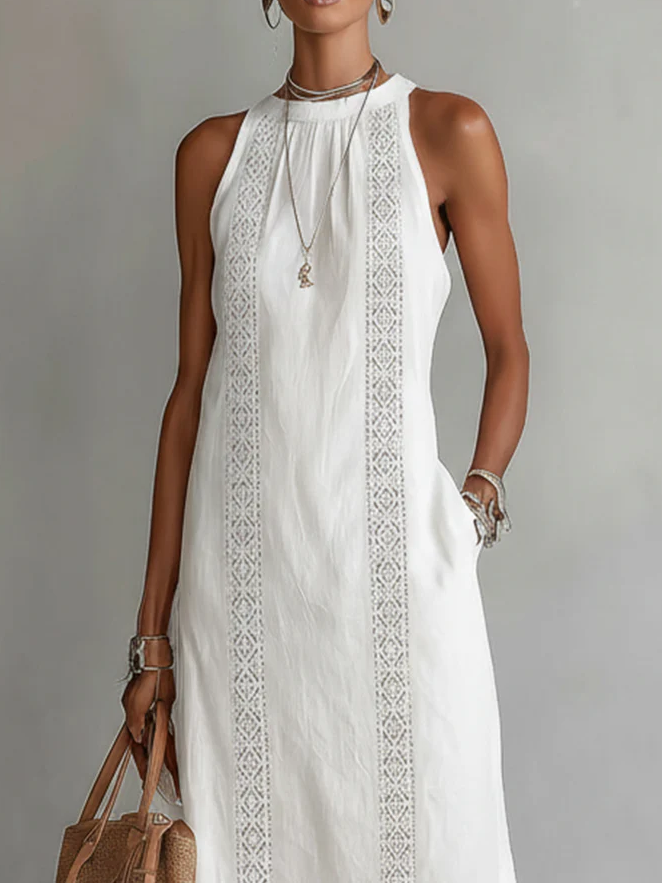 Florence | Cotton Linen Midi Dress With a Mandarin Collar
