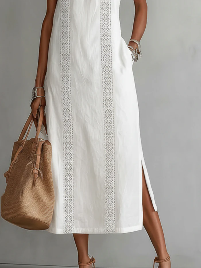 Florence | Cotton Linen Midi Dress With a Mandarin Collar
