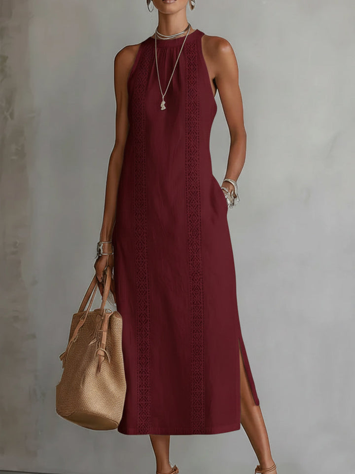 Florence | Cotton Linen Midi Dress With a Mandarin Collar