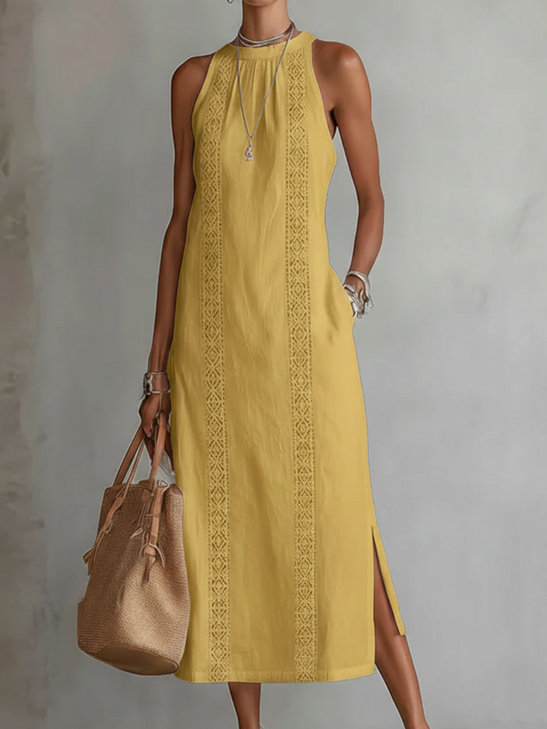 Florence | Cotton Linen Midi Dress With a Mandarin Collar